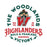 A circular vintage-style graphic with the words 'THE WOODLANDS' arched above and 'HIGHLANDERS' below, featuring a large red and green letter W with a warrior illustration and the text 'ESTD 1996' and 'INSPIRING VICTORY'. The Woodlands High School Highlanders Unisex 3/4 sleeve Raglan T-shirt 206