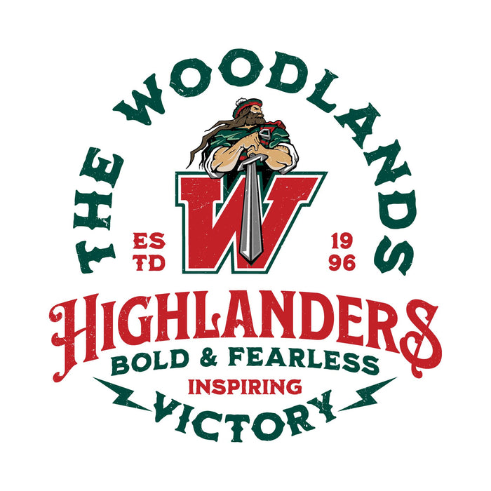 A circular vintage-style graphic with the words 'THE WOODLANDS' arched above and 'HIGHLANDERS' below, featuring a large red and green letter W with a warrior illustration and the text 'ESTD 1996' and 'INSPIRING VICTORY'. The Woodlands High School Highlanders Unisex 3/4 sleeve Raglan T-shirt 206