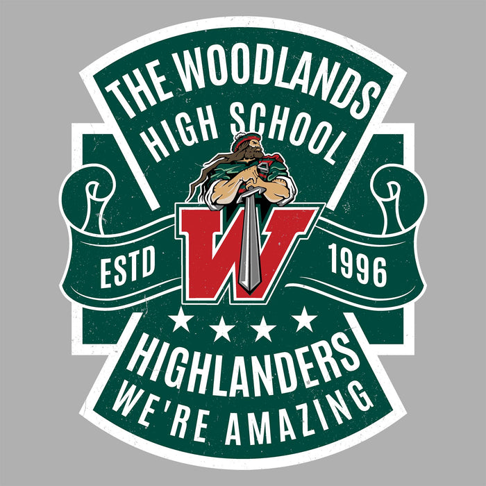 Close-up view of The Woodlands High School Highlanders Women's Sport Grey SoftStyle T-shirt 207
