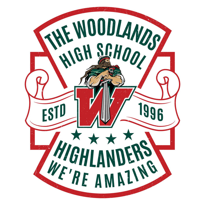 A vintage-style school crest graphic reading 'THE WOODLANDS HIGH SCHOOL' and 'HIGHLANDERS, WE'RE AMAZING,' with a large red and green letter W, stars, ribbon banners, and the text 'ESTD 1996' around an illustrated figure holding a sword. The Woodlands High School Highlanders Unisex 3/4 sleeve Raglan T-shirt 207
