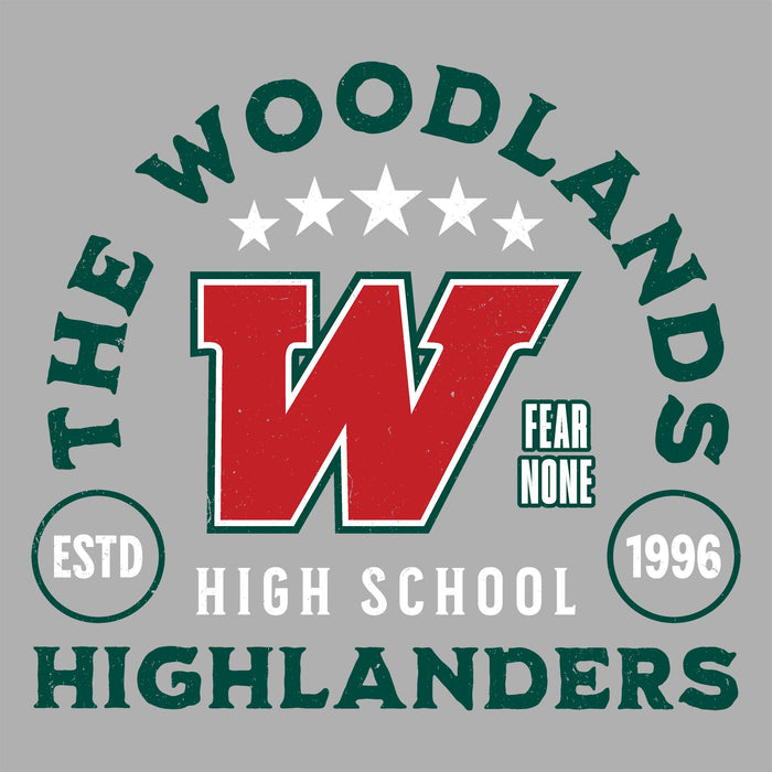 Close-up view of The Woodlands High School Highlanders Unisex 3/4 sleeve Raglan T-shirt 208