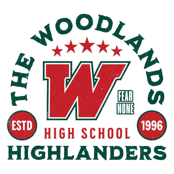 A circular school-themed graphic with a large red letter W, the words 'THE WOODLANDS HIGH SCHOOL HIGHLANDERS,' five red stars, 'ESTD 1996,' and 'FEAR NONE' on a white background. The Woodlands High School Highlanders Unisex 3/4 sleeve Raglan T-shirt 208