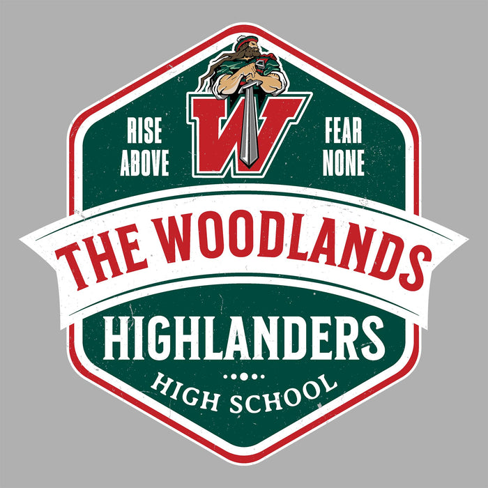 Close-up view of The Woodlands High School Highlanders Unisex 3/4 sleeve Raglan T-shirt 209