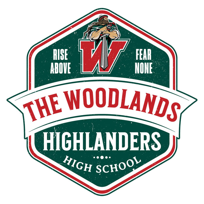 A vintage-style school logo or sticker design for The Woodlands Highlanders High School, featuring a dark green shield with red and white borders, a large red and white 'W', and the words 'THE WOODLANDS HIGHLANDERS HIGH SCHOOL' on a white banner, with a mascot illustration at the top. The Woodlands High School Highlanders Unisex 3/4 sleeve Raglan T-shirt 209