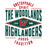A graphic design featuring the text 'UNSTOPPABLE SPIRIT, THE WOODLANDS HIGHLANDERS, PROUD TRADITION' in red and dark green distressed lettering, with a central diamond containing a red 'W' and the words 'LOUD' and 'PROUD'. The Woodlands High School Highlanders Unisex 3/4 sleeve Raglan T-shirt 210