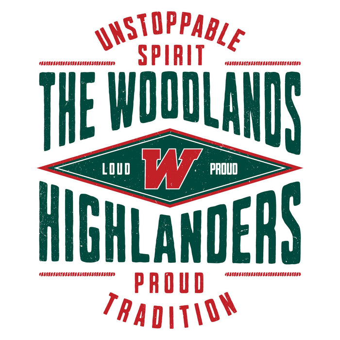 A graphic design featuring the text 'UNSTOPPABLE SPIRIT, THE WOODLANDS HIGHLANDERS, PROUD TRADITION' in red and dark green distressed lettering, with a central diamond containing a red 'W' and the words 'LOUD' and 'PROUD'. The Woodlands High School Highlanders Unisex 3/4 sleeve Raglan T-shirt 210