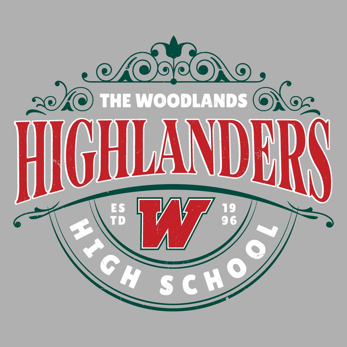 Close-up view of The Woodlands High School Highlanders Women's Sport Grey SoftStyle T-shirt 211