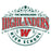 A vintage-style school logo reading 'The Woodlands Highlanders High School' with large red lettering outlined in dark green, a red 'W' in the center, and dark green decorative scrollwork on a white background. The Woodlands High School Highlanders Unisex 3/4 sleeve Raglan T-shirt 211