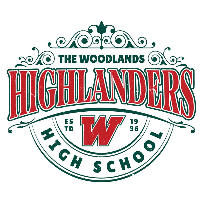 A vintage-style school logo reading 'The Woodlands Highlanders High School' with large red lettering outlined in dark green, a red 'W' in the center, and dark green decorative scrollwork on a white background. The Woodlands High School Highlanders Unisex 3/4 sleeve Raglan T-shirt 211