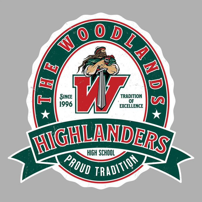 Close-up view of The Woodlands High School Highlanders Unisex 3/4 sleeve Raglan T-shirt 212