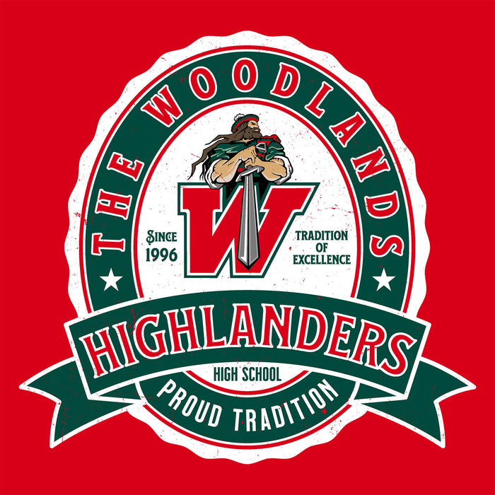 Close-up view of The Woodlands High School Highlanders Women's Red SoftStyle T-shirt 212