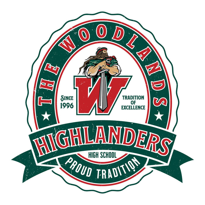 A circular and banner-style school logo reading "The Woodlands Highlanders" with a large red and green letter W, a central warrior illustration, and the words "High School" and "Proud Tradition" on a white background. The Woodlands High School Highlanders Unisex 3/4 sleeve Raglan T-shirt 212