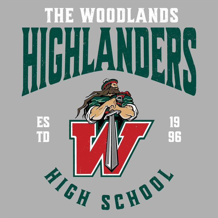 Close-up view of The Woodlands High School Highlanders Women's Sport Grey SoftStyle T-shirt 213
