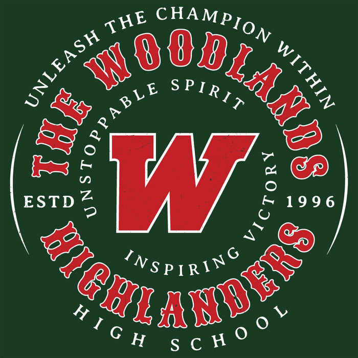Close-up view of The Woodlands High School Highlanders Forest Green Classic Unisex T-shirt 214