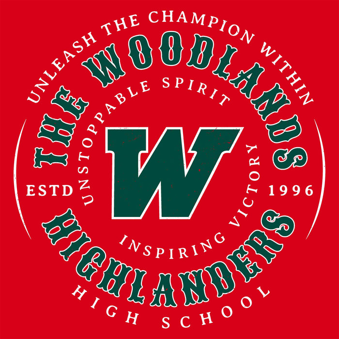 Close-up view of The Woodlands High School Highlanders Women's Red SoftStyle T-shirt 214