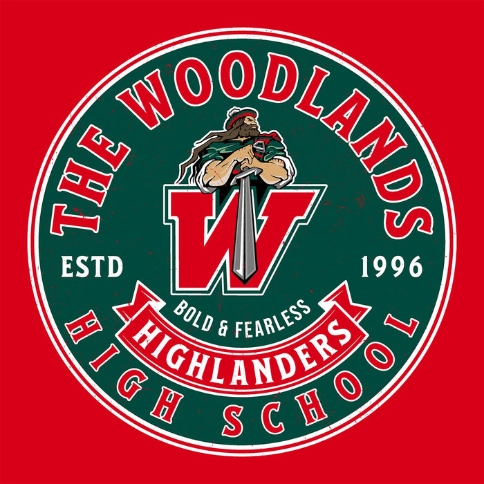 Close-up view of The Woodlands High School Highlanders Red Classic Unisex T-shirt 215