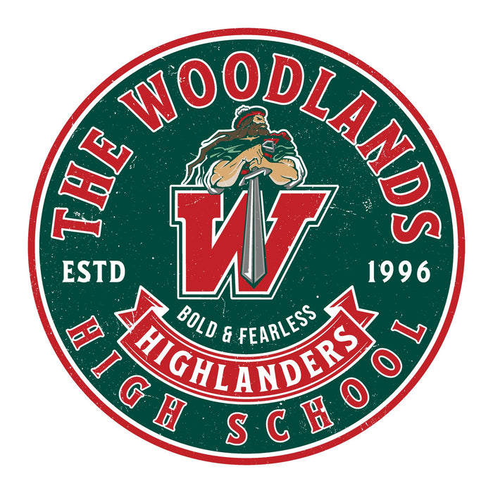A circular vintage-style school logo reading 'THE WOODLANDS HIGH SCHOOL' with a large red 'W', a warrior graphic, and 'ESTD 1996' on a white background. The Woodlands High School Highlanders Unisex 3/4 sleeve Raglan T-shirt 215
