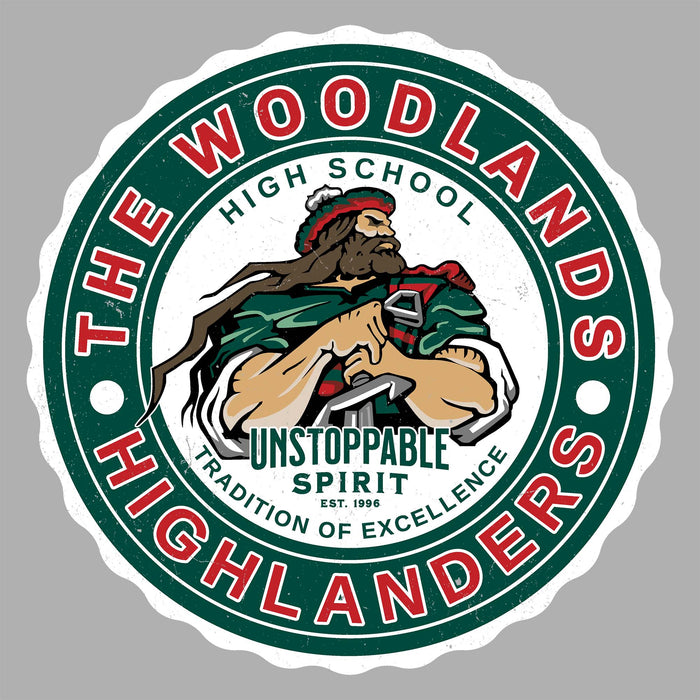 Close-up view of The Woodlands High School Highlanders Unisex 3/4 sleeve Raglan T-shirt 216