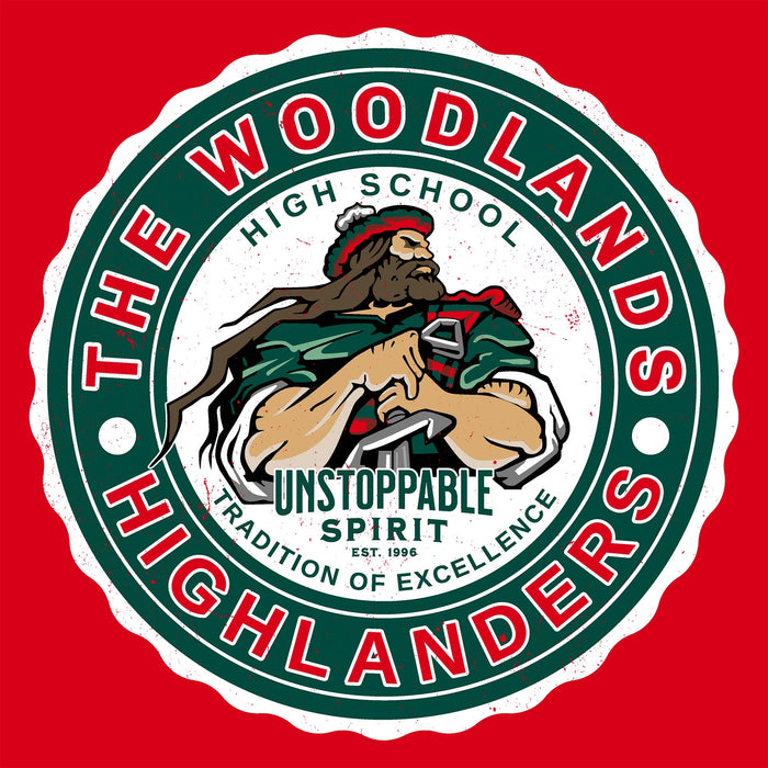 Close-up view of The Woodlands High School Highlanders Red Premium Unisex T-shirt 216