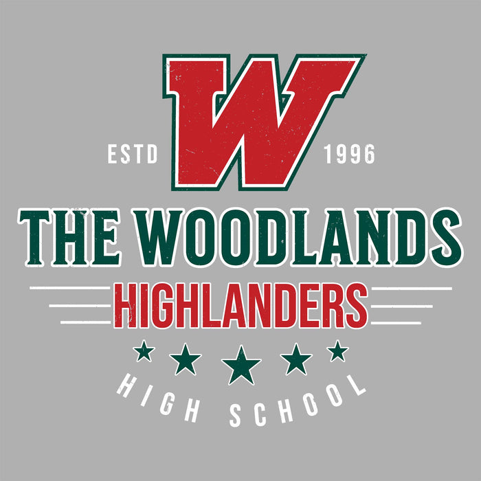 Close-up view of The Woodlands High School Highlanders Unisex 3/4 sleeve Raglan T-shirt 217