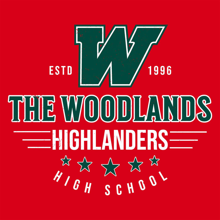 Close-up view of The Woodlands High School Highlanders Women's Red SoftStyle T-shirt 217