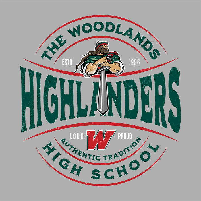 Close-up view of The Woodlands High School Highlanders Unisex 3/4 sleeve Raglan T-shirt 218
