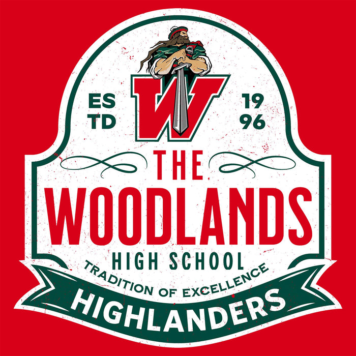Close-up view of The Woodlands High School Highlanders Women's Red SoftStyle T-shirt 219