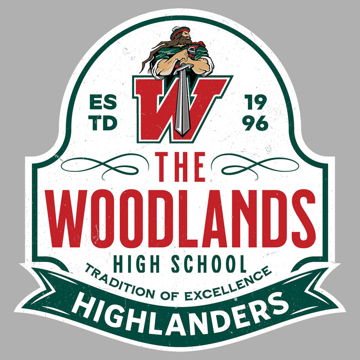 Close-up view of The Woodlands High School Highlanders Unisex 3/4 sleeve Raglan T-shirt 219