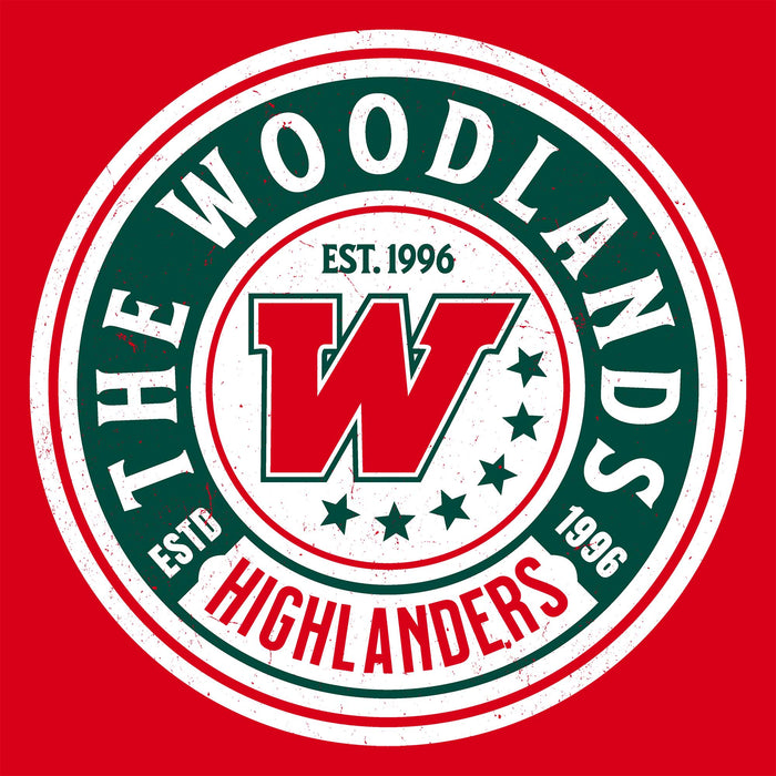 Close-up view of The Woodlands High School Highlanders Women's Red SoftStyle T-shirt 220