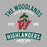 A school-themed graphic design featuring the text 'THE WOODLANDS HIGH SCHOOL' and 'HIGHLANDERS GAME DAY READY' with a central mascot illustration and a large red letter W on a gray background. The Woodlands High School Highlanders Women's Sport Grey SoftStyle T-shirt 221