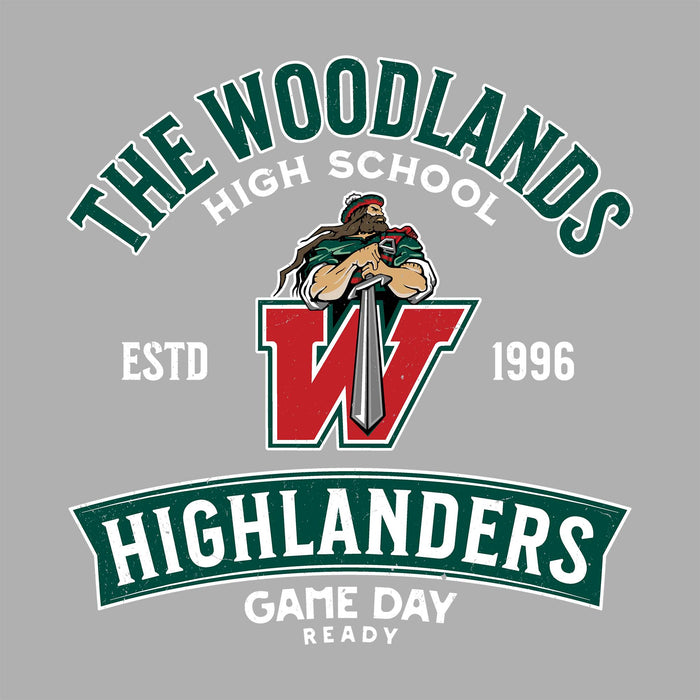 A school-themed graphic design featuring the text 'THE WOODLANDS HIGH SCHOOL' and 'HIGHLANDERS GAME DAY READY' with a central mascot illustration and a large red letter W on a gray background. The Woodlands High School Highlanders Women's Sport Grey SoftStyle T-shirt 221