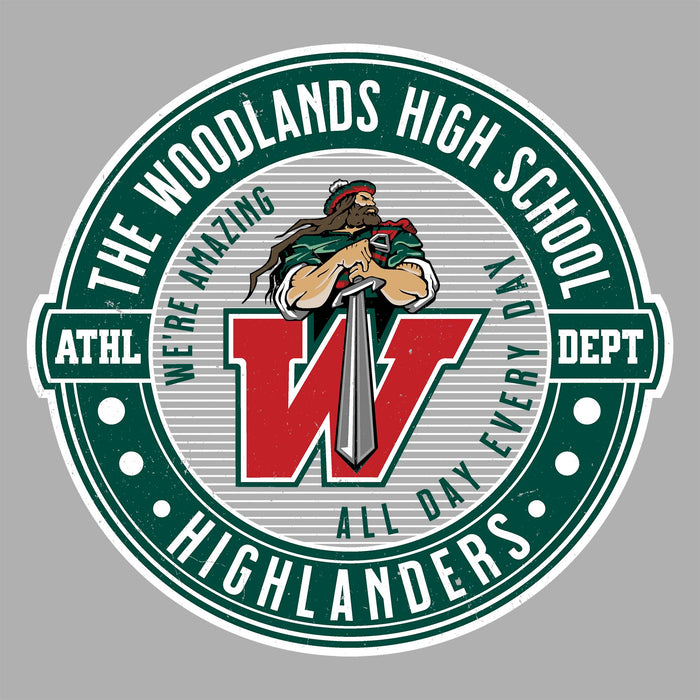 Close-up view of The Woodlands High School Highlanders Unisex 3/4 sleeve Raglan T-shirt 224