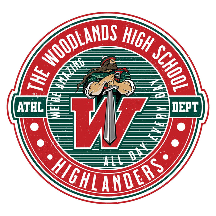A circular Woodlands High School mascot graphic featuring a bearded warrior holding a sword over a large red 'W' on a green striped background, surrounded by red and green text including 'THE WOODLANDS HIGH SCHOOL' and 'ATHLETS HIGHLANDERS'. The Woodlands High School Highlanders Unisex 3/4 sleeve Raglan T-shirt 224