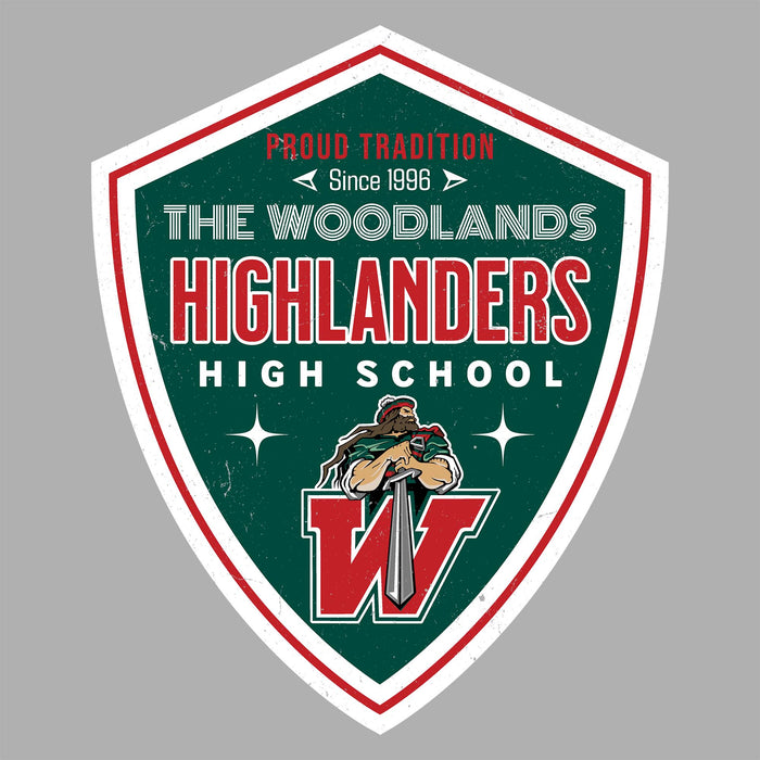 Close-up view of The Woodlands High School Highlanders Women's Sport Grey SoftStyle T-shirt 225
