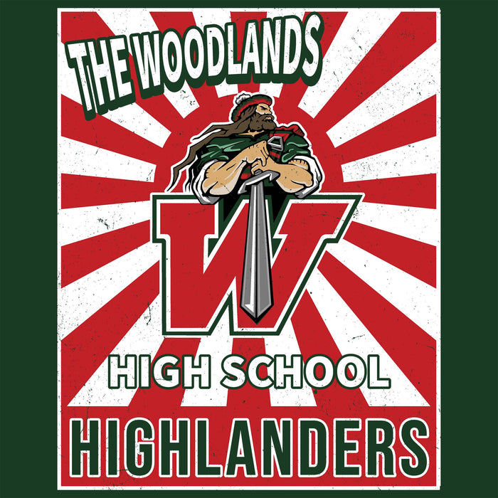 A square graphic print or poster design with the words 'THE WOODLANDS HIGH SCHOOL HIGHLANDERS' around a stylized bearded mascot holding a sword over a large letter W, set on a red-and-white sunburst background with a dark green border. The Woodlands High School Highlanders Forest Green Classic Unisex T-shirt 226