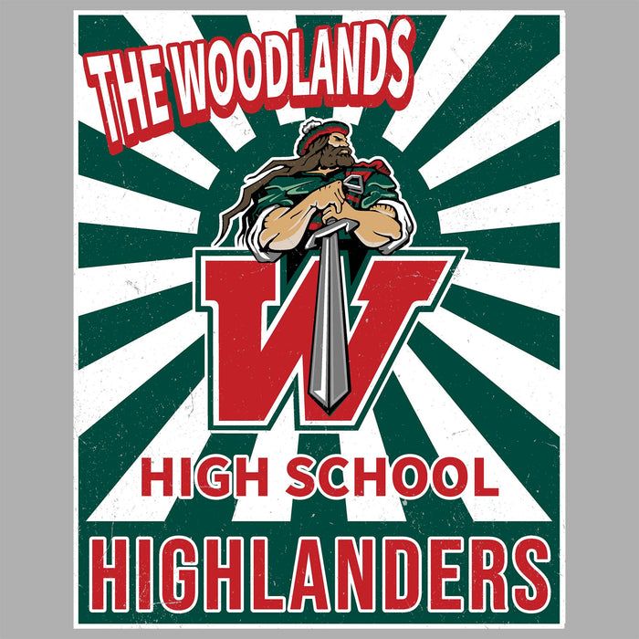 A retro-style poster or print featuring the text 'THE WOODLANDS HIGH SCHOOL HIGHLANDERS' around a large red letter W with a warrior graphic above it, set on a green and white sunburst background. The Woodlands High School Highlanders Women's Sport Grey SoftStyle T-shirt 226
