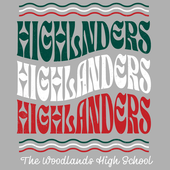 A graphic design featuring the word 'HIGHLANDERS' repeated three times in large stylized letters, with 'HIGHLANDERS' in dark green, white, and red. Decorative wavy stripes in green, white, and red appear above and below. The Woodlands High School Highlanders Women's Sport Grey SoftStyle T-shirt 227