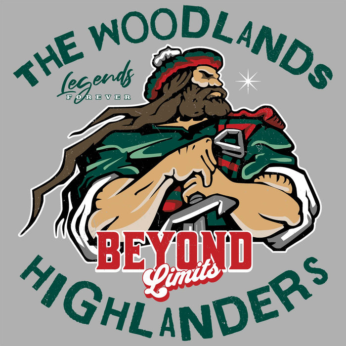 Close-up view of The Woodlands High School Highlanders Unisex 3/4 sleeve Raglan T-shirt 228