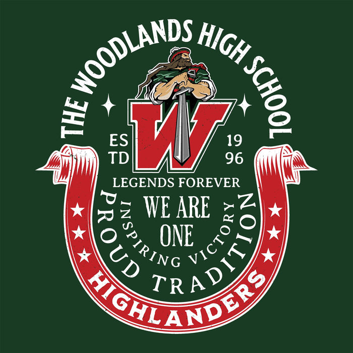 Close-up view of The Woodlands High School Highlanders Forest Green Classic Unisex T-shirt 229
