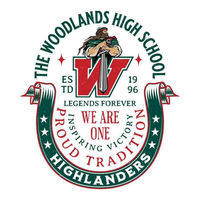 A circular school logo for The Woodlands High School featuring a large red and green 'W' with a warrior holding a sword, surrounded by text including 'The Woodlands High School,' 'Legends Forever,' 'We Are One,' and 'Proud Tradition Highlanders.'. The Woodlands High School Highlanders Unisex 3/4 sleeve Raglan T-shirt 229