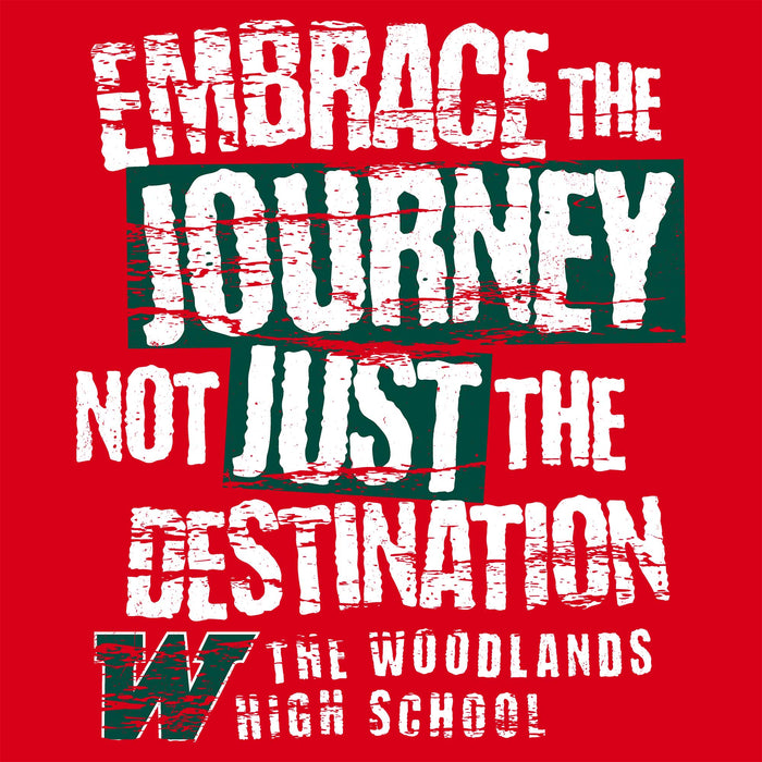 Close-up view of The Woodlands High School Highlanders Women's Red SoftStyle T-shirt 232