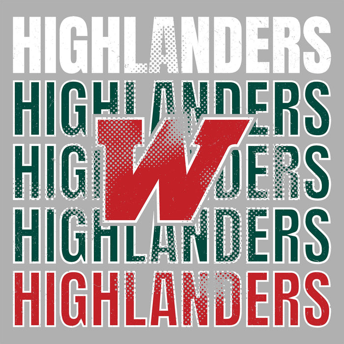 Close-up view of The Woodlands High School Highlanders Unisex 3/4 sleeve Raglan T-shirt 233