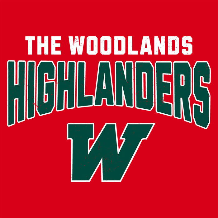 Close-up view of The Woodlands High School Highlanders Women's Red SoftStyle T-shirt 234