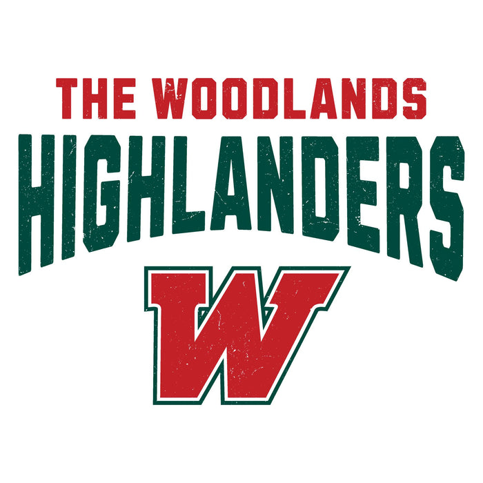 A sports graphic for 'The Woodlands Highlanders' featuring the words 'THE WOODLANDS' in red and 'HIGHLANDERS' in large distressed dark green block letters, with a large red letter 'W' outlined in green below, all on a plain white background. The Woodlands High School Highlanders Unisex 3/4 sleeve Raglan T-shirt 234