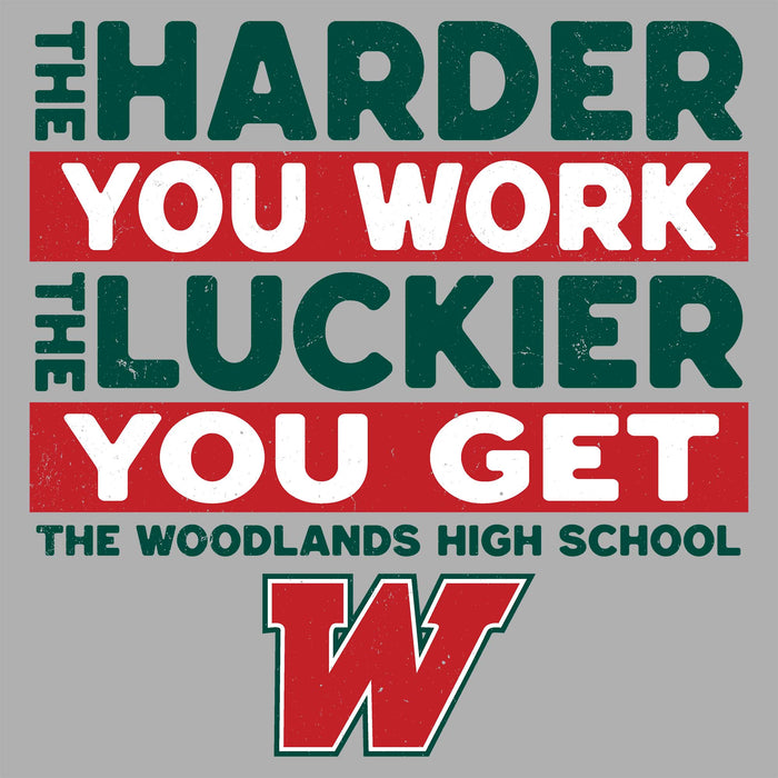 Close-up view of The Woodlands High School Highlanders Women's Sport Grey SoftStyle T-shirt 238