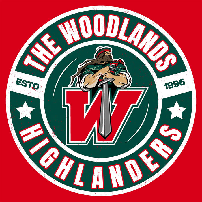 Close-up view of The Woodlands High School Highlanders Red Classic Unisex T-shirt 239