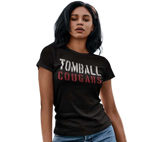 Woman wearing a Tomball High School Cougars Women's Black T-shirt 17