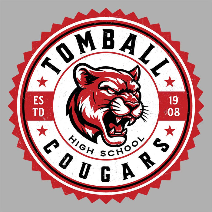 Close-up view of Tomball High School Cougars Unisex 3/4 sleeve Raglan T-shirt 203