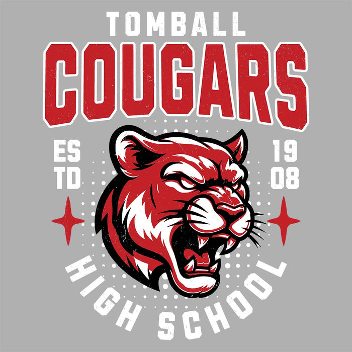 Close-up view of Tomball High School Cougars Unisex 3/4 sleeve Raglan T-shirt 204