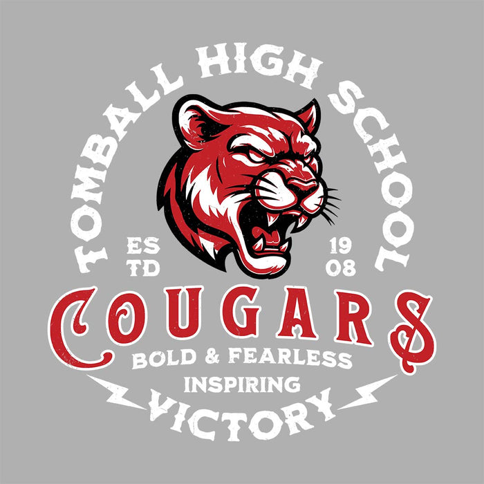 Close-up view of Tomball High School Cougars Unisex 3/4 sleeve Raglan T-shirt 206